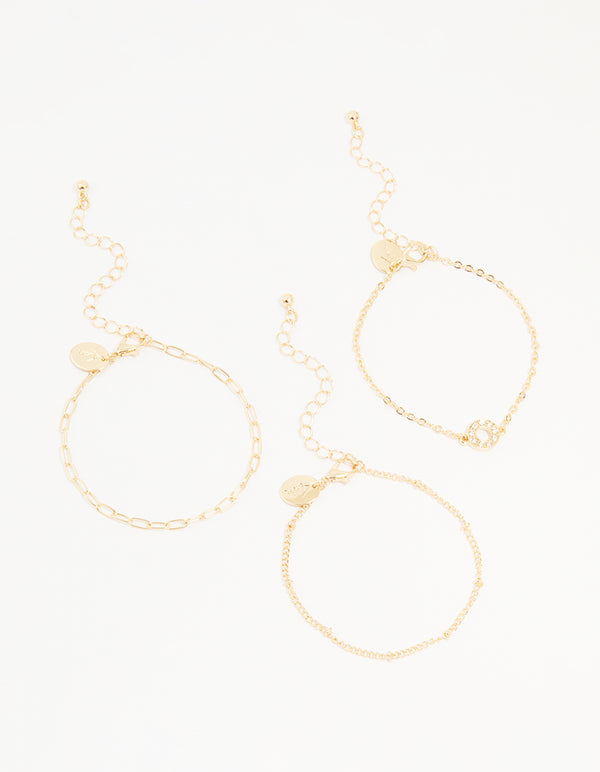 Gold Diamante Circle & Chain Bracelets 3-Pack