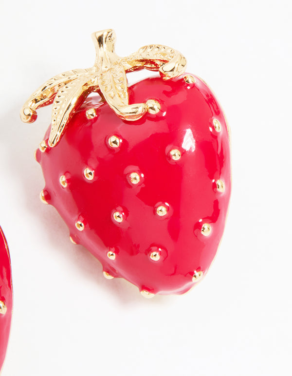 Gold Red Strawberry Stud Earrings