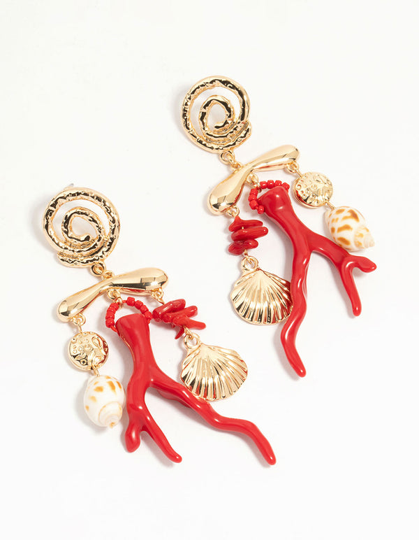Gold Marble Coral Shell Drop Earrings
