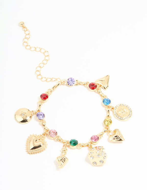 Gold Multicoloured Diamante Heart & Celestial Charm Bracelet
