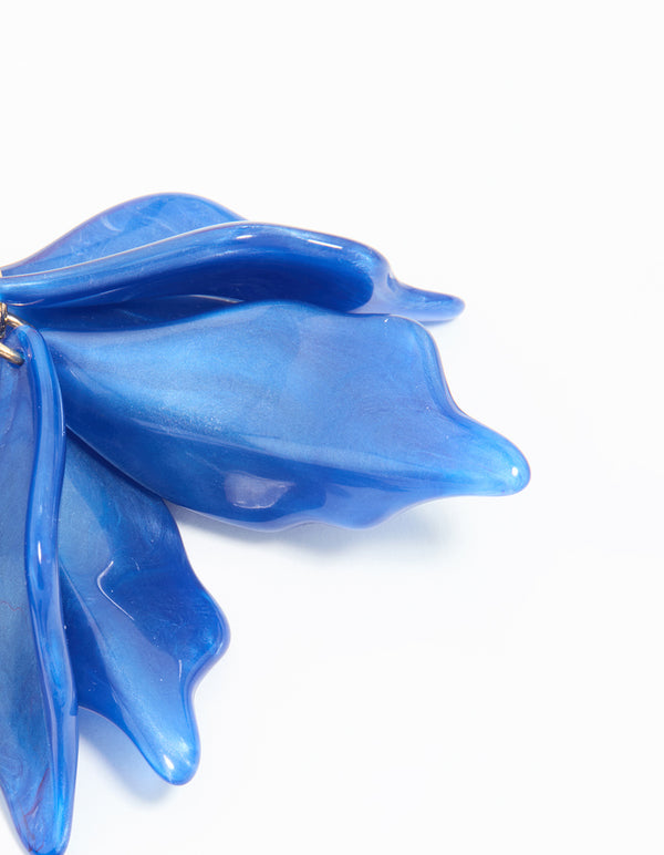 Gold Blue Petal Drop Hoop Earrings