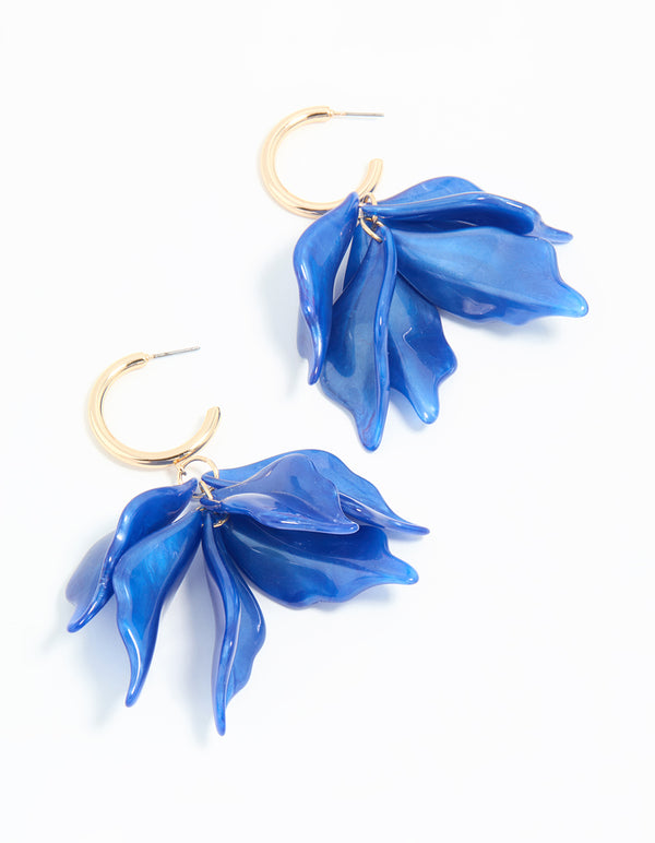 Gold Blue Petal Drop Hoop Earrings