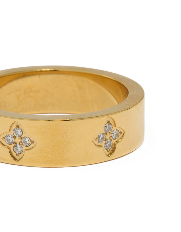 Highlighting waterproof gold plated stainless steel cubic zirconia floral band ring close up view