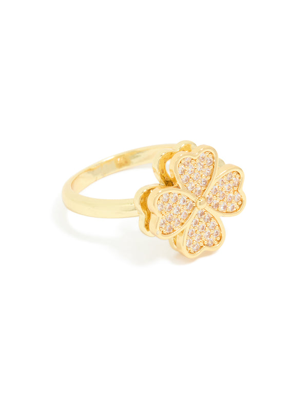Showcasing waterproof gold plated stainless steel spinning clover ring with floral and heart design front view