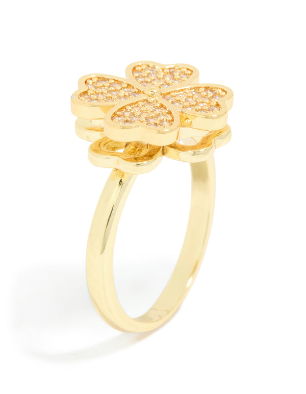 Highlighting waterproof gold plated stainless steel spinning clover ring with floral and heart design side detail view