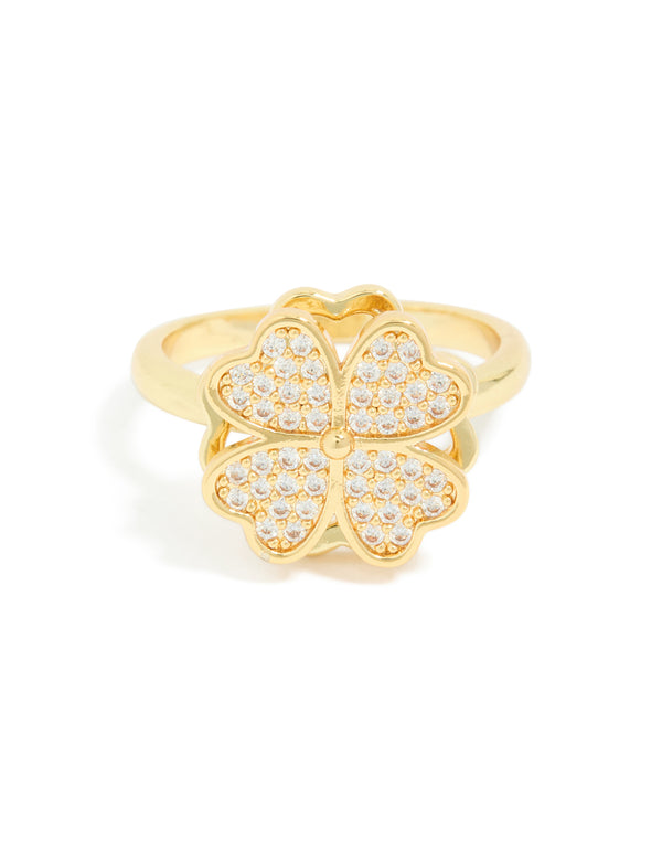 Presenting waterproof gold plated stainless steel spinning clover ring featuring floral and heart design close up view