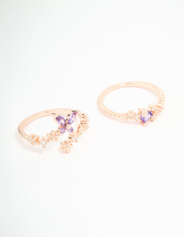 Rose Gold Cubic Zirconia Dainty Butterfly Rings 2-Pack