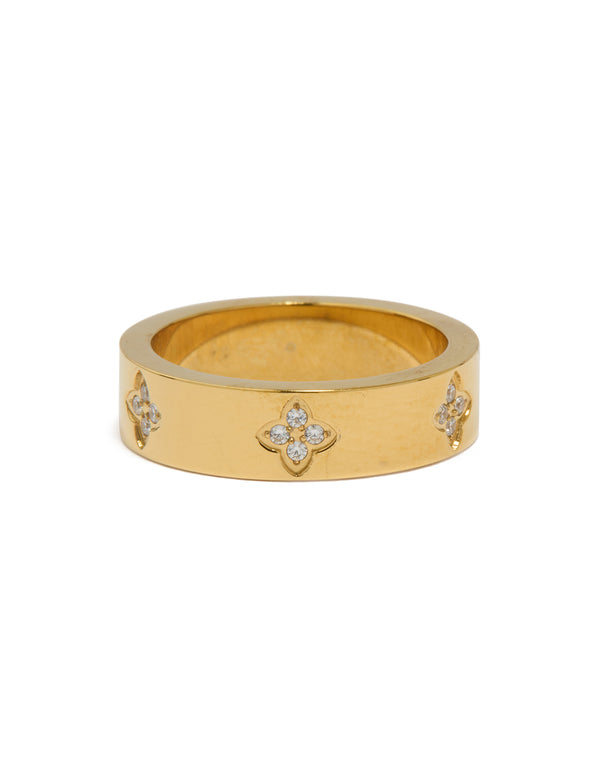 Featuring a waterproof gold plated stainless steel cubic zirconia floral band ring front view