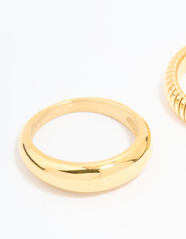 Presenting waterproof gold plated stainless steel ridge and smooth rings 2-pack close up view