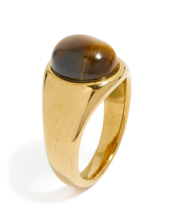 Crafted from waterproof gold plated stainless steel with brown stone statement ring close up view