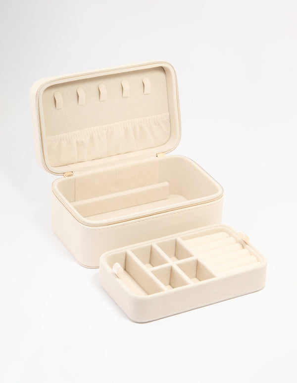 Cream PU Leather Rectangular Layered Jewellery Case