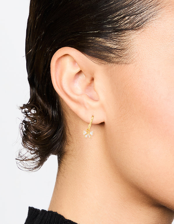 Gold Plated Sterling Silver Cubic Zirconia Bow Huggie Earrings