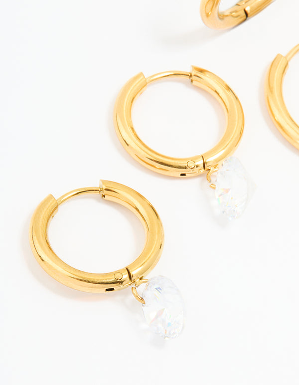 Waterproof Gold Plated Stainless Steel Cubic Zirconia Droplet & Sleek Hoop Earrings 2-Pack