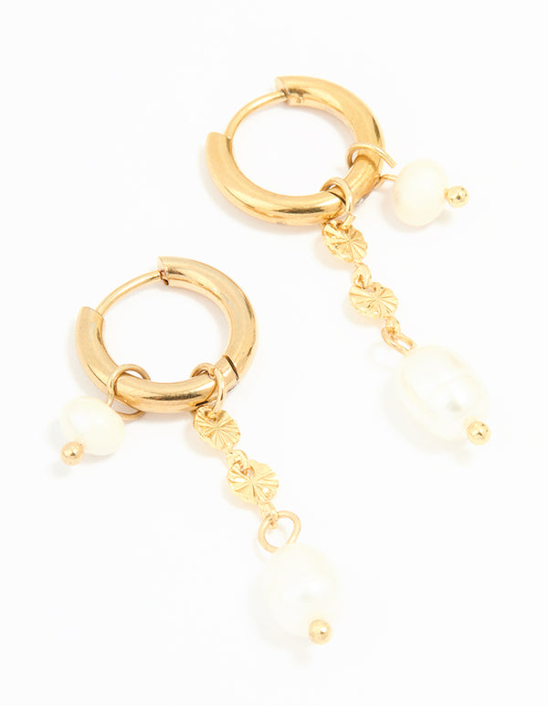 Waterproof Gold Plated Stainless Steel Chain Freshwater Pearl Drop Huggie Earrings