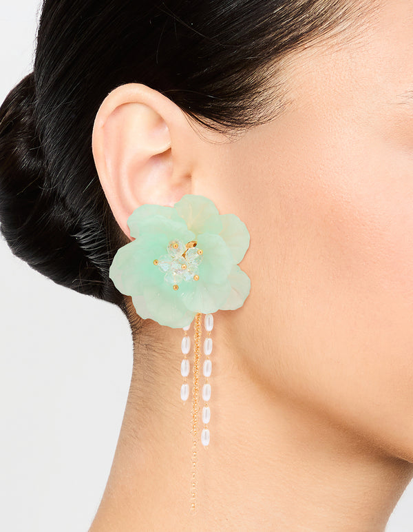 Gold Blue Flower Chain Drop Earrings