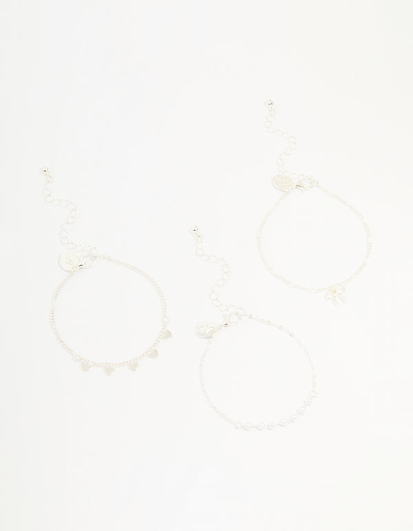 Silver Diamante Bow & Heart Bracelets 3-Pack
