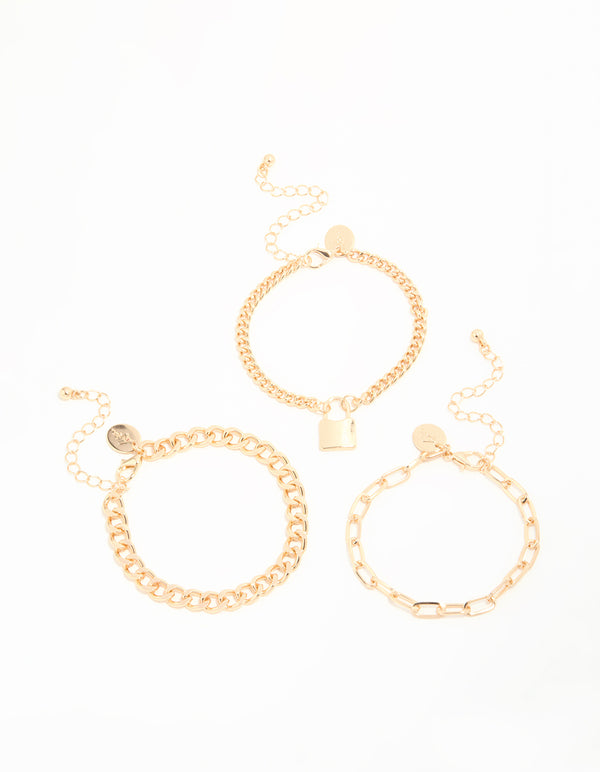 Gold Mixed Chain & Lock Bracelet 3-Pack