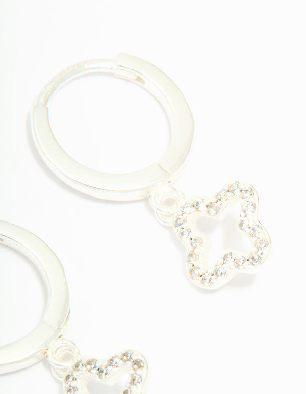 Sterling Silver Cubic Zirconia Flower Huggie Earrings