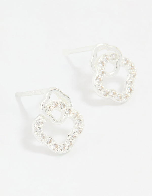 Sterling Silver Cubic Zirconia Double Flower Stud Earrings