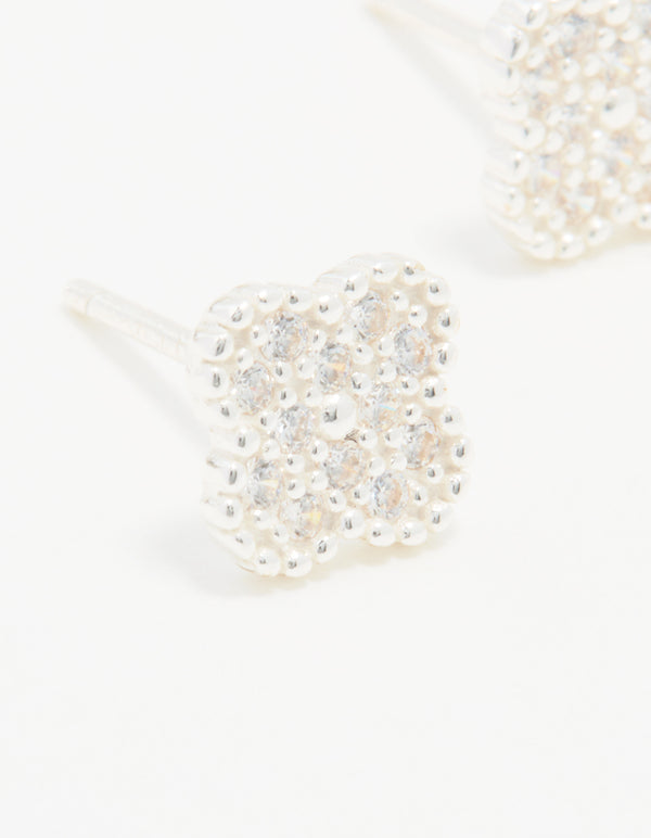 Sterling Silver Cubic Zirconia Pave Flower Stud Earrings