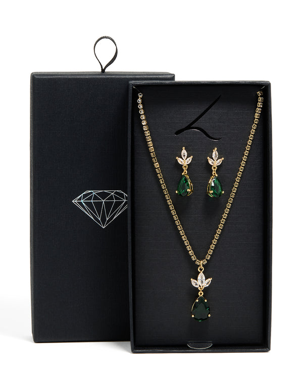 Gold Green Cubic Zirconia Pear Necklace & Earrings Set