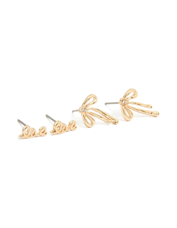 Kids Gold Love Bow & Heart Stud Earrings 6-Pack