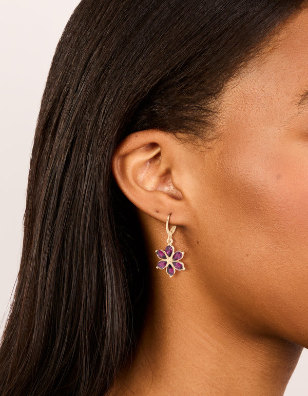 Gold Red Diamante Flower Hoop Earrings