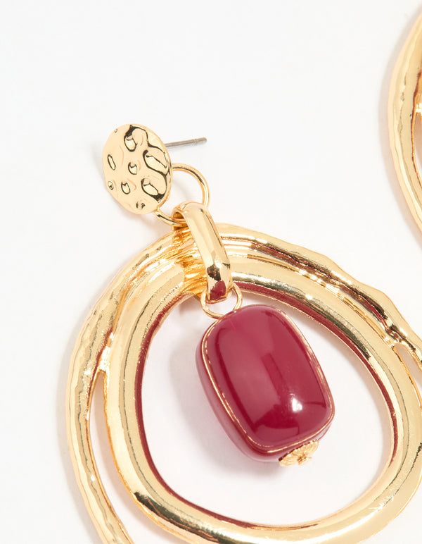 Gold Red Bead Layered Teardrop Shaped Stud Earrings