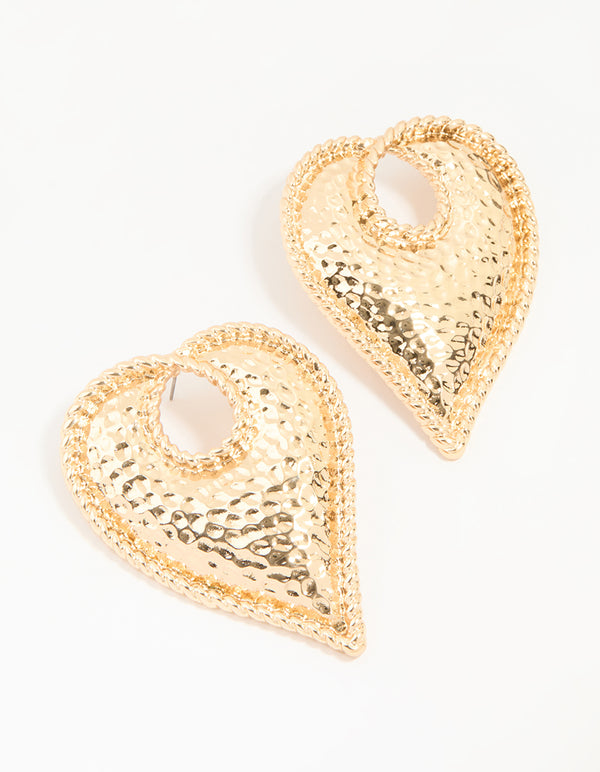 Gold Textured Heart Large Stud Earrings