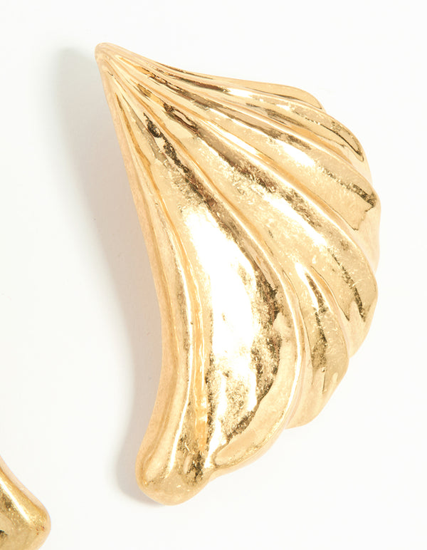 Worn Gold Textured Curved Large Stud Earrings
