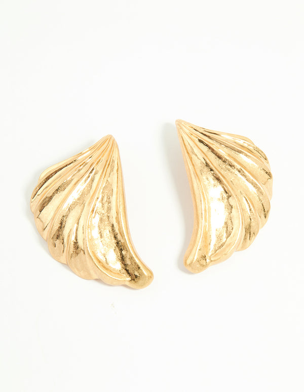 Worn Gold Textured Curved Large Stud Earrings