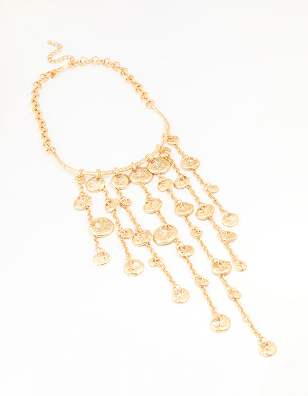 Gold Fringe Disc Statement Necklace