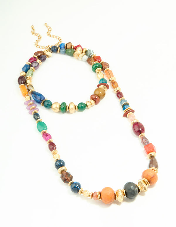 Worn Gold Multicoloured Beaded Layered Long Necklace