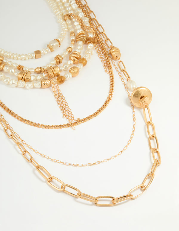 Worn Gold Pearl Layered Chain Necklace