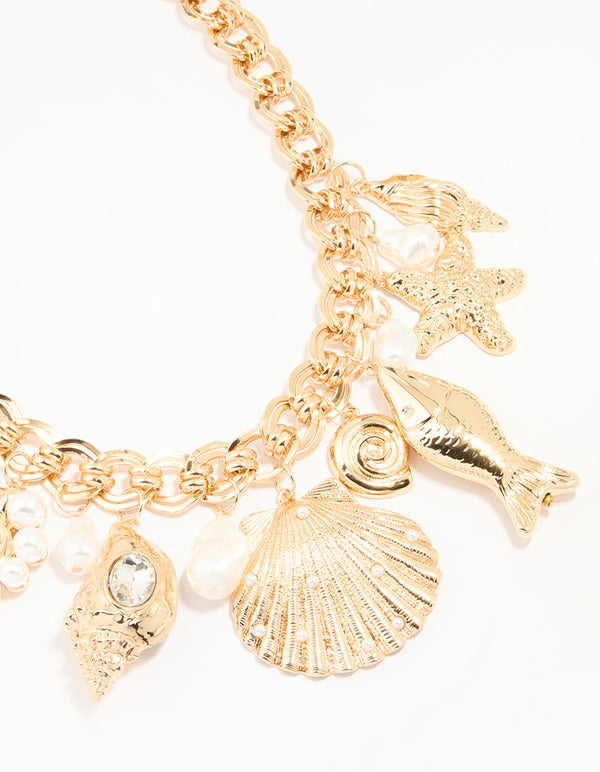 Gold Pearl & Shell Charm Necklace