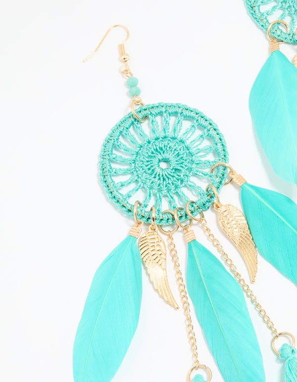 Blue Feather Dreamcatcher Drop Earrings