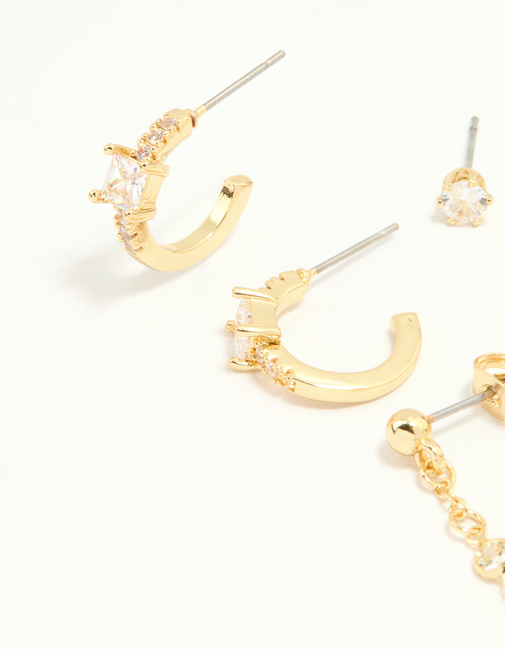 Gold Plated Cubic Zirconia Baguette Hoop & Chain Earrings 4-Pack