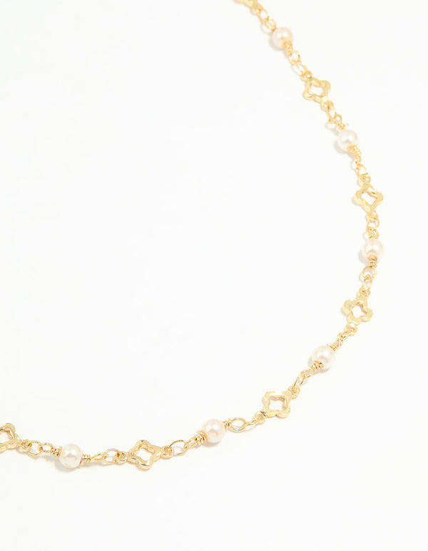 Gold Plated Pearl Flower Outline Necklace