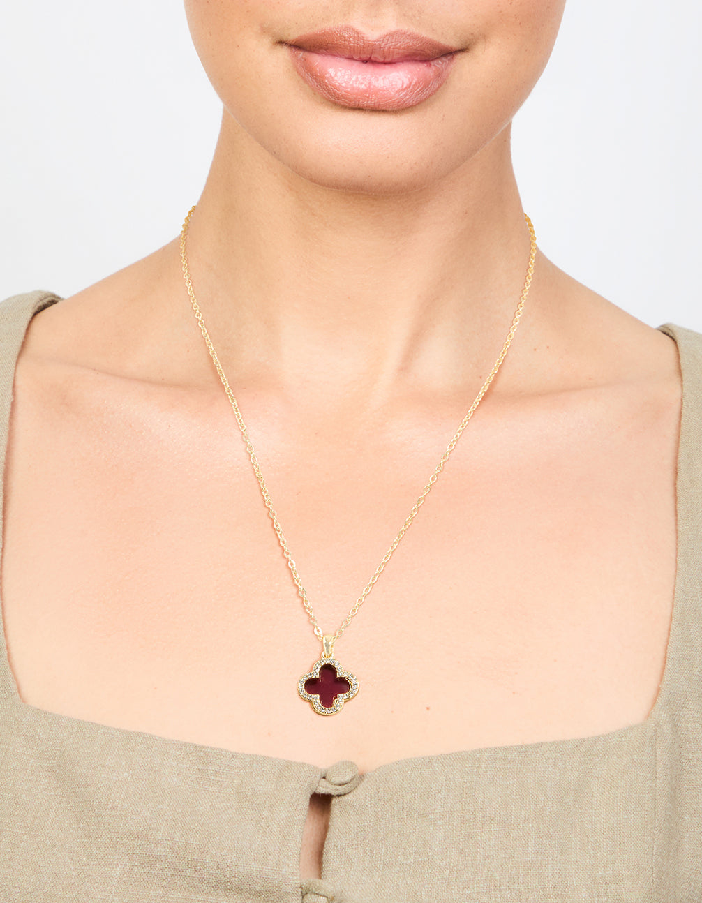 Gold Plated Diamante & Burgundy Flower Pendant Necklace