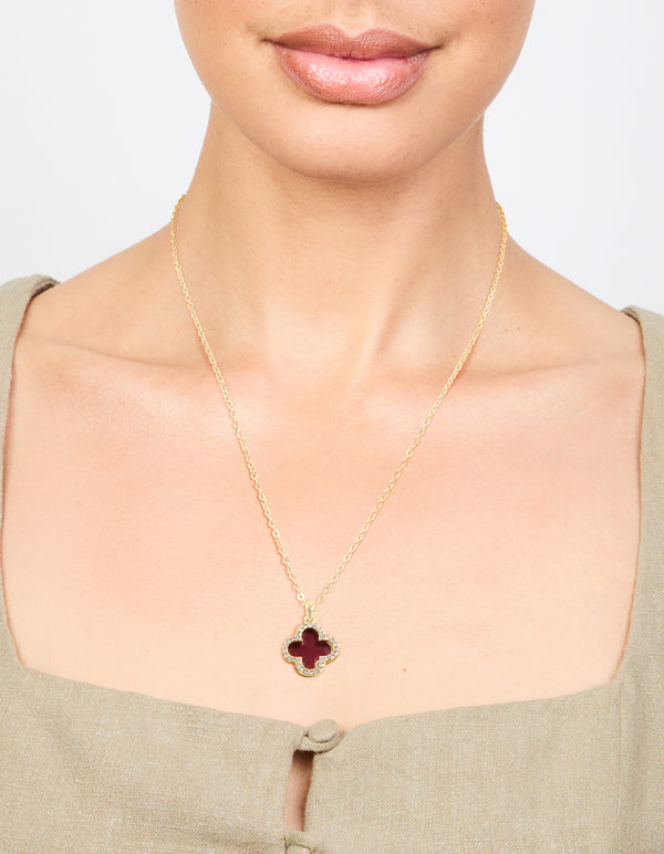 Gold Plated Diamante & Burgundy Flower Pendant Necklace