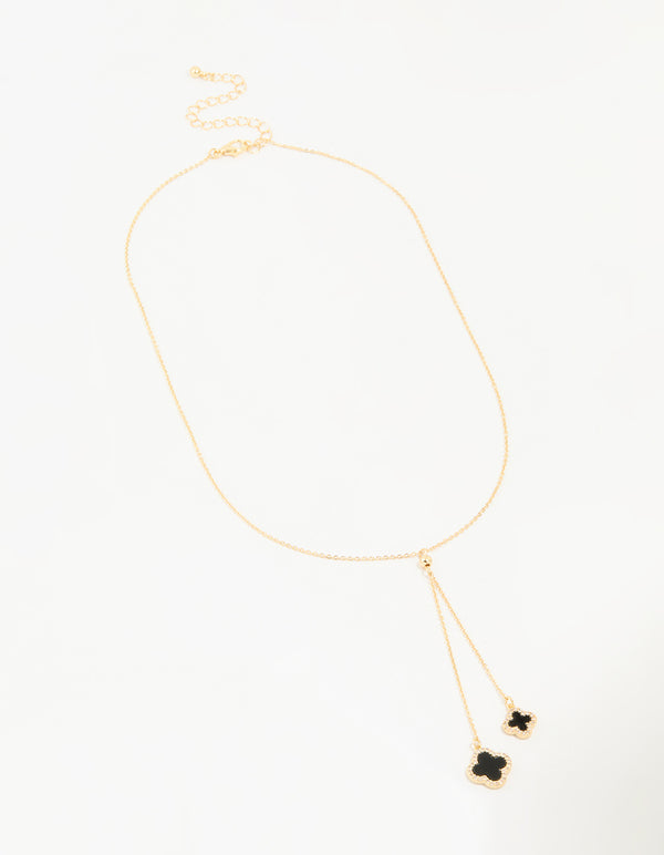Gold Plated Cubic Zirconia Black Outline Flower Y-Necklace