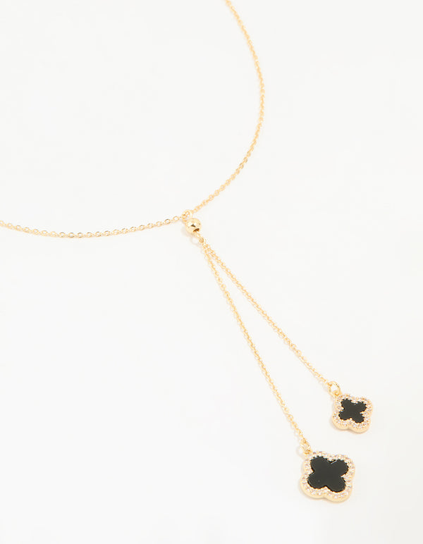 Gold Plated Cubic Zirconia Black Outline Flower Y-Necklace
