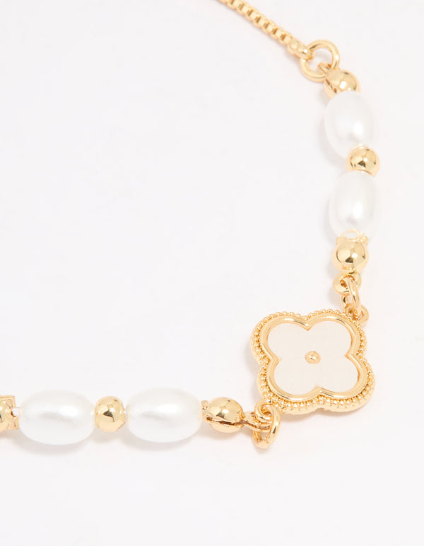 Gold Plated Pearl Flower Toggle Bracelet