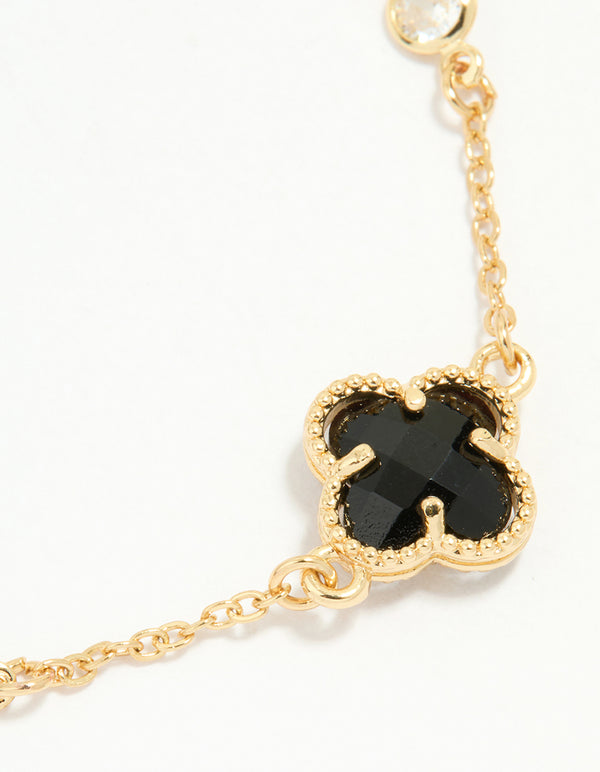 Gold Plated Cubic Zirconia Black Flower Bracelet