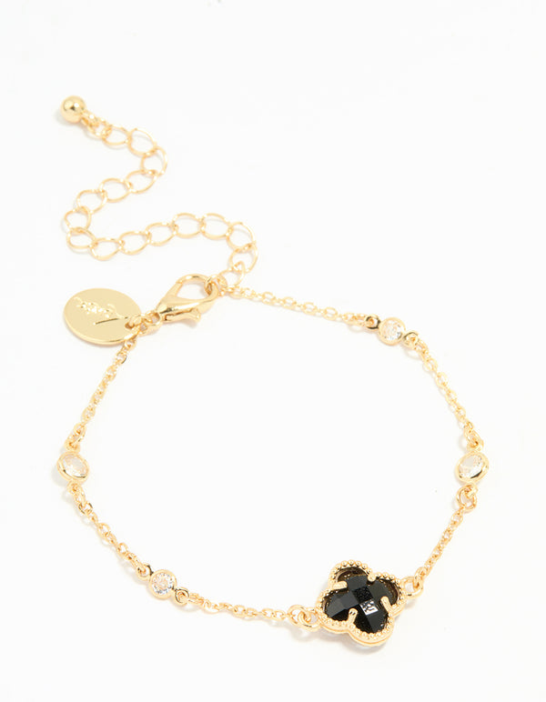Gold Plated Cubic Zirconia Black Flower Bracelet