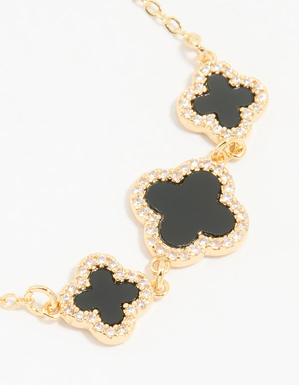 Gold Plated Cubic Zirconia Black Triple Flower Bracelet