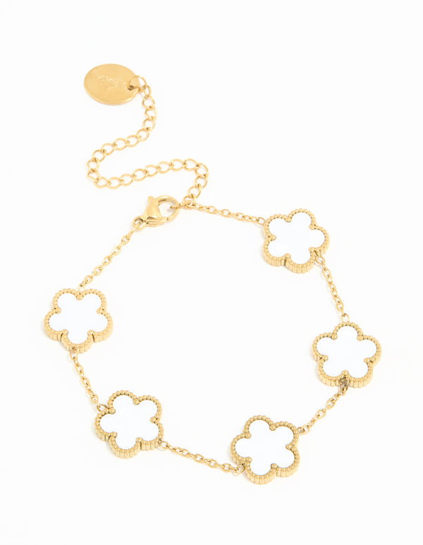 Waterproof Gold Plated Stainless Steel Ivory Inlay Large Flowers Charm Bracelet