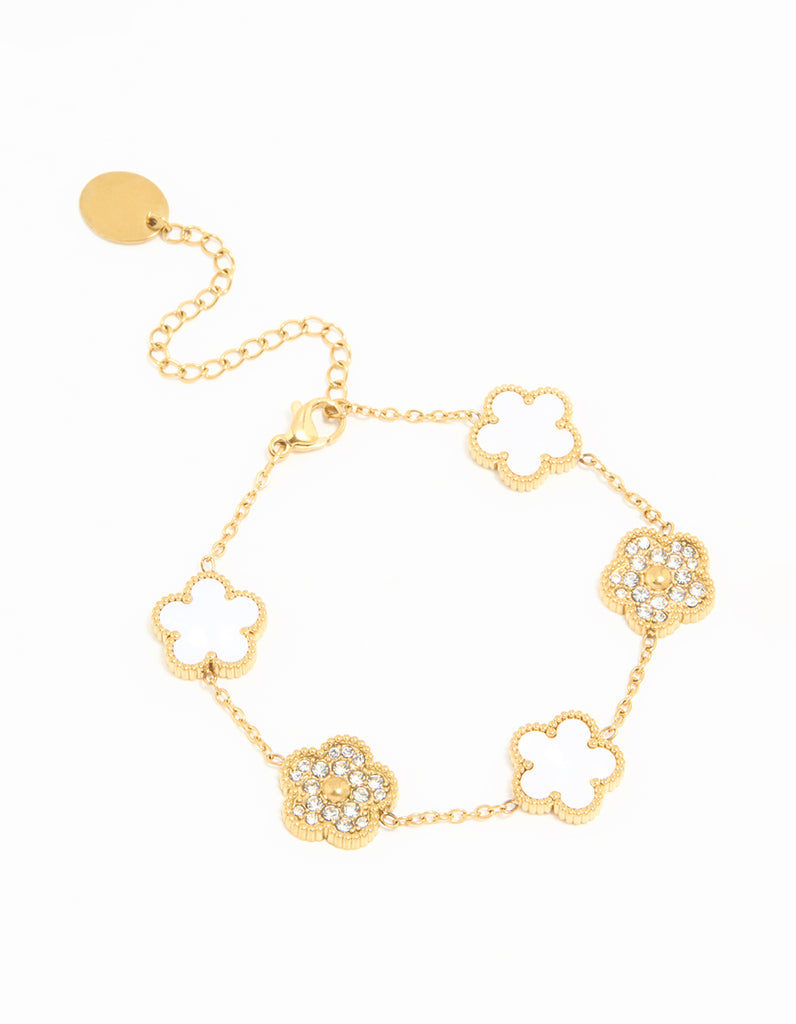 Waterproof Gold Plated Stainless Steel Diamante & Inlay Flower Charm Bracelet