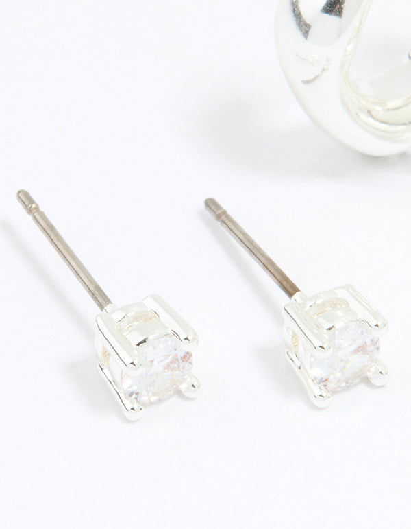 Silver Plated Brass Cubic Zirconia Baguette Hoops & Stud Earrings 4-Pack