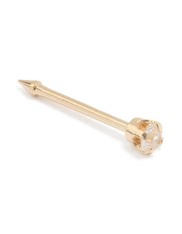 Solid yellow gold nose stud featuring cubic zirconia with stud closure in clear front view